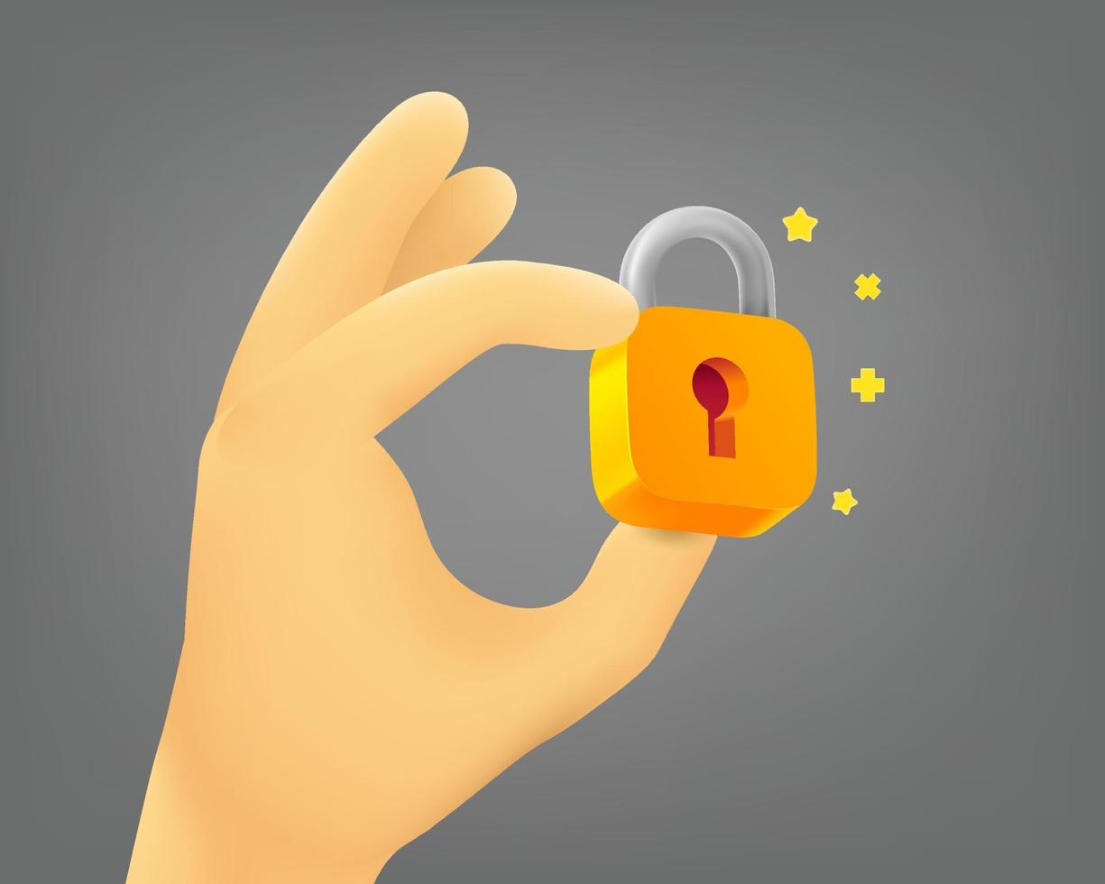 Cute cartoon human hand holding golden lock. 3d vector illustration