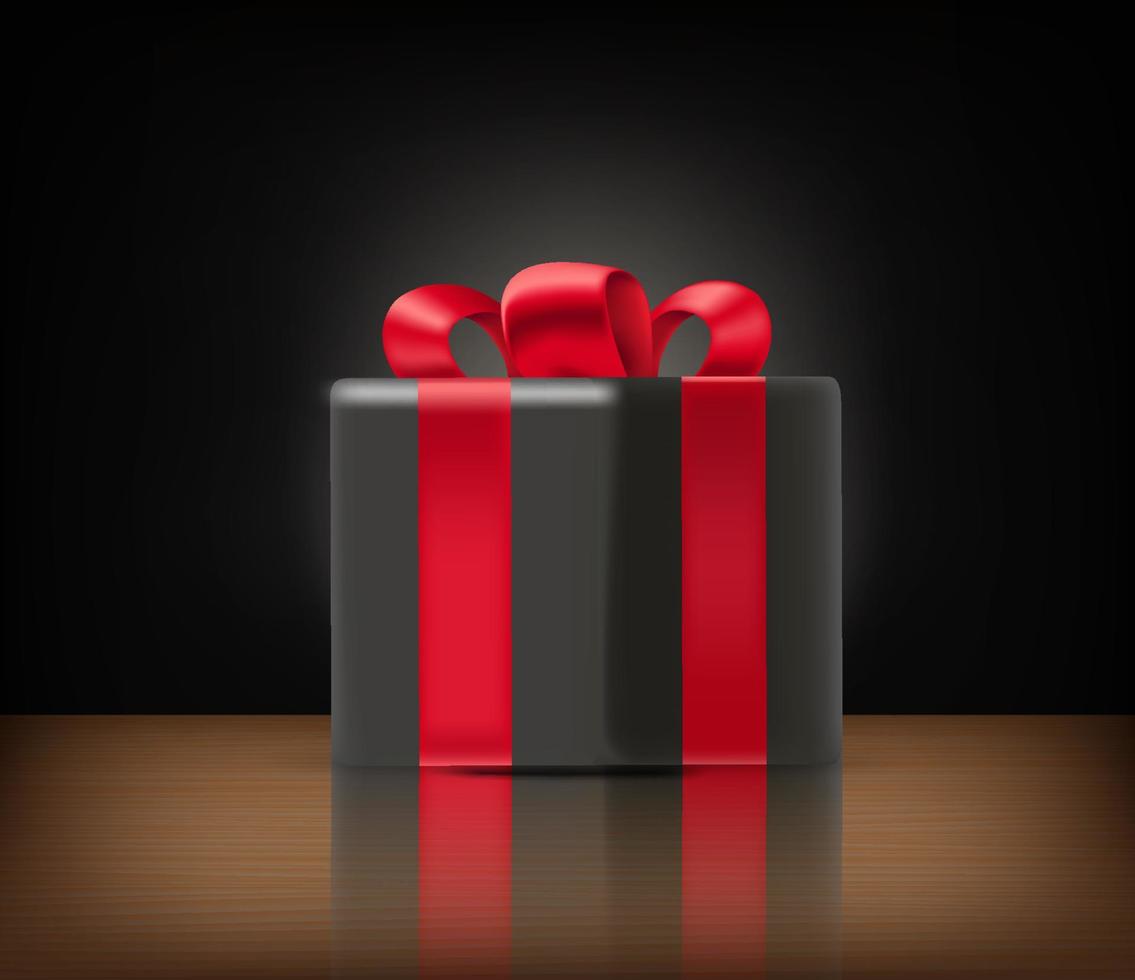 Black gift box with red ribbon and reflection on a table. 3d vector mockup