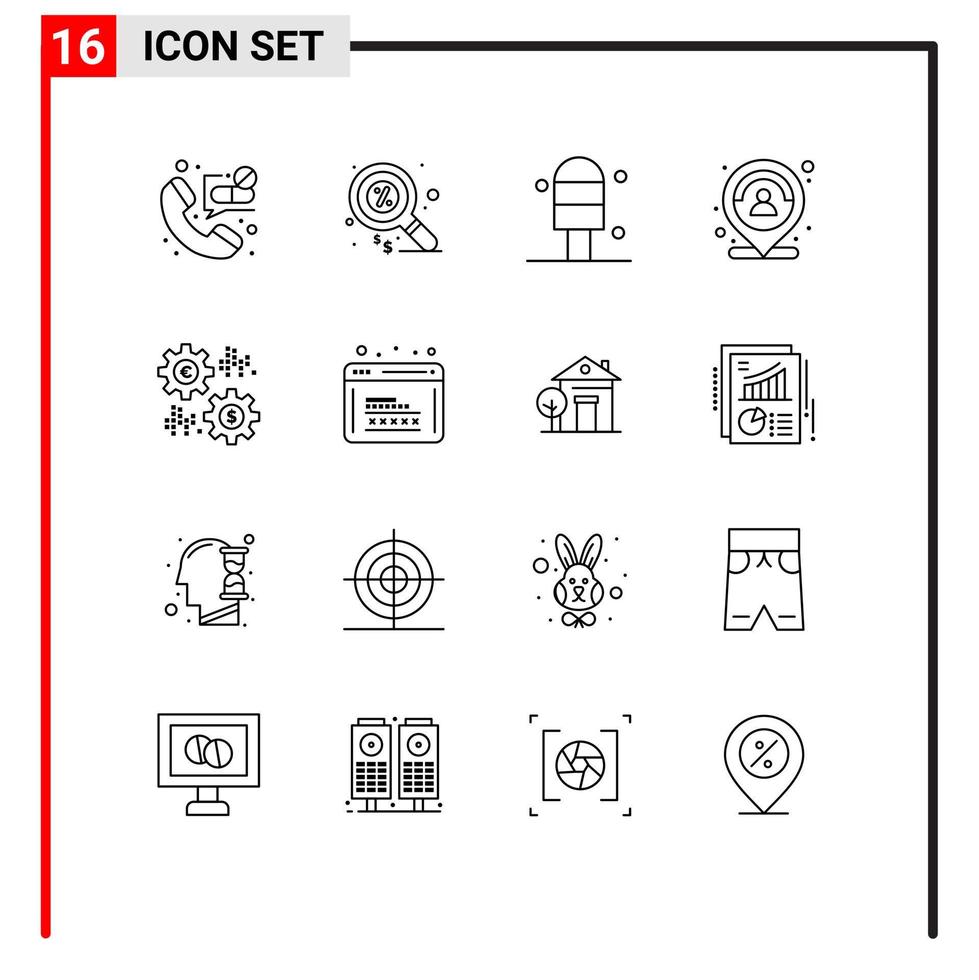 User Interface Pack of 16 Basic Outlines of percent interest cream person map Editable Vector Design Elements