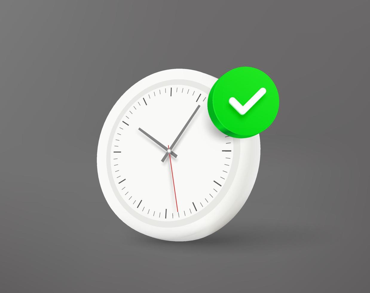 White clock with green checkmark. 3d vector icon