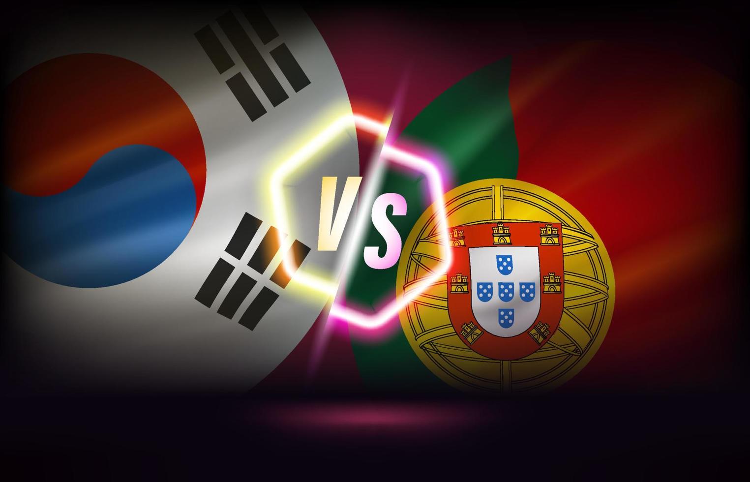 Korea Republic versus Portugal game score table template. 3d vector illustration with neon effect