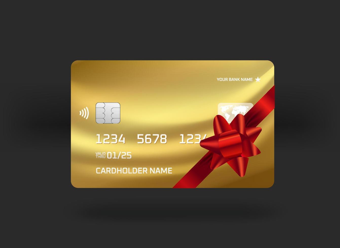 Golden banking card with present ribbon. 3d vector illustration