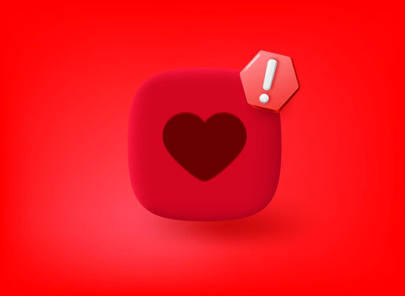 Heart icon with exclamation point pictogram. Vector 3d illustration