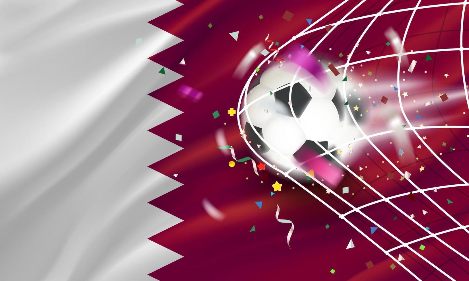 la pelota en la red de fútbol. concepto de vector de meta con bandera de qatar. Banner de vector 3d con espacio de copia