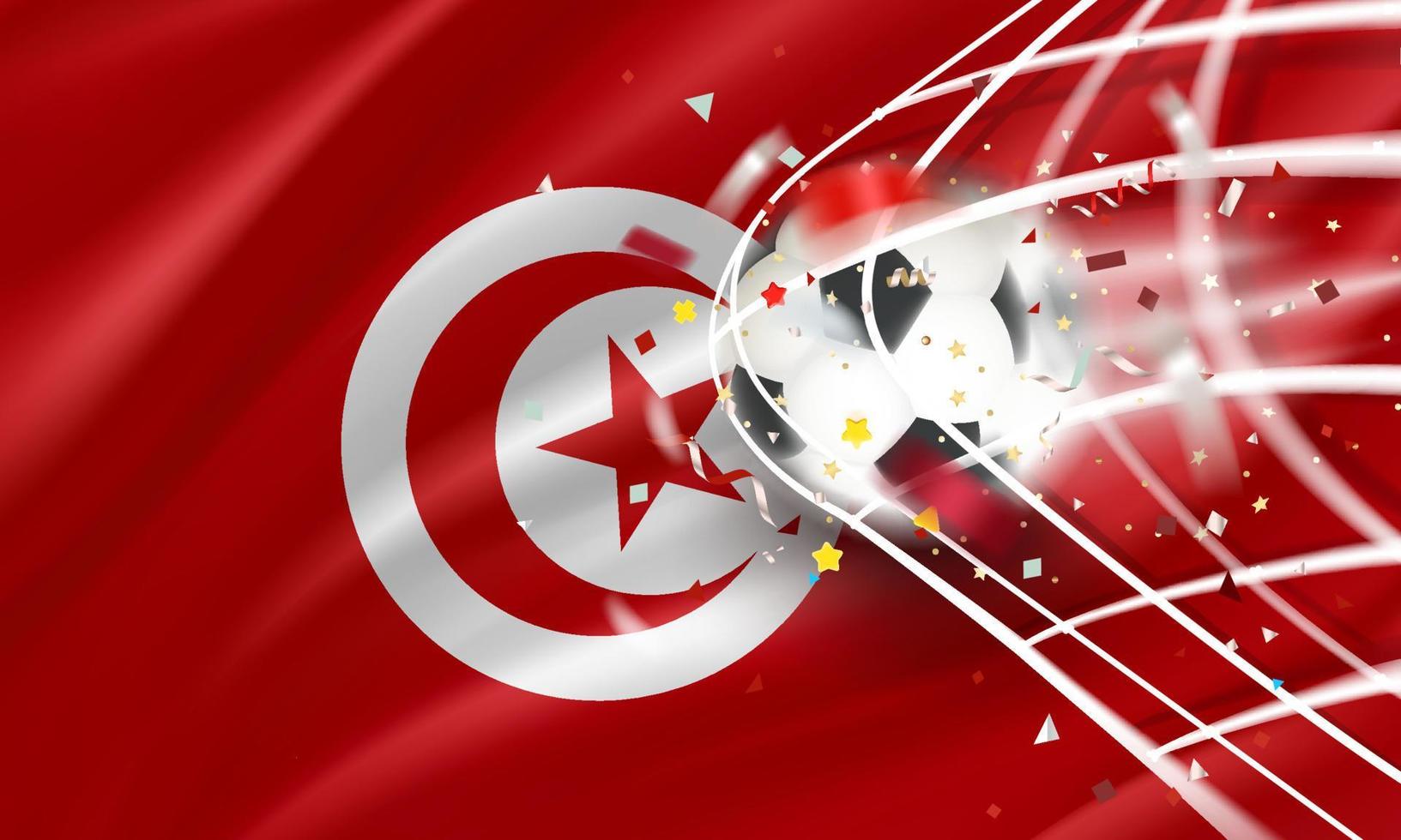 The ball in the soccer net. Goal vector concept with flag of Tunisia. 3d vector banner with blur effect