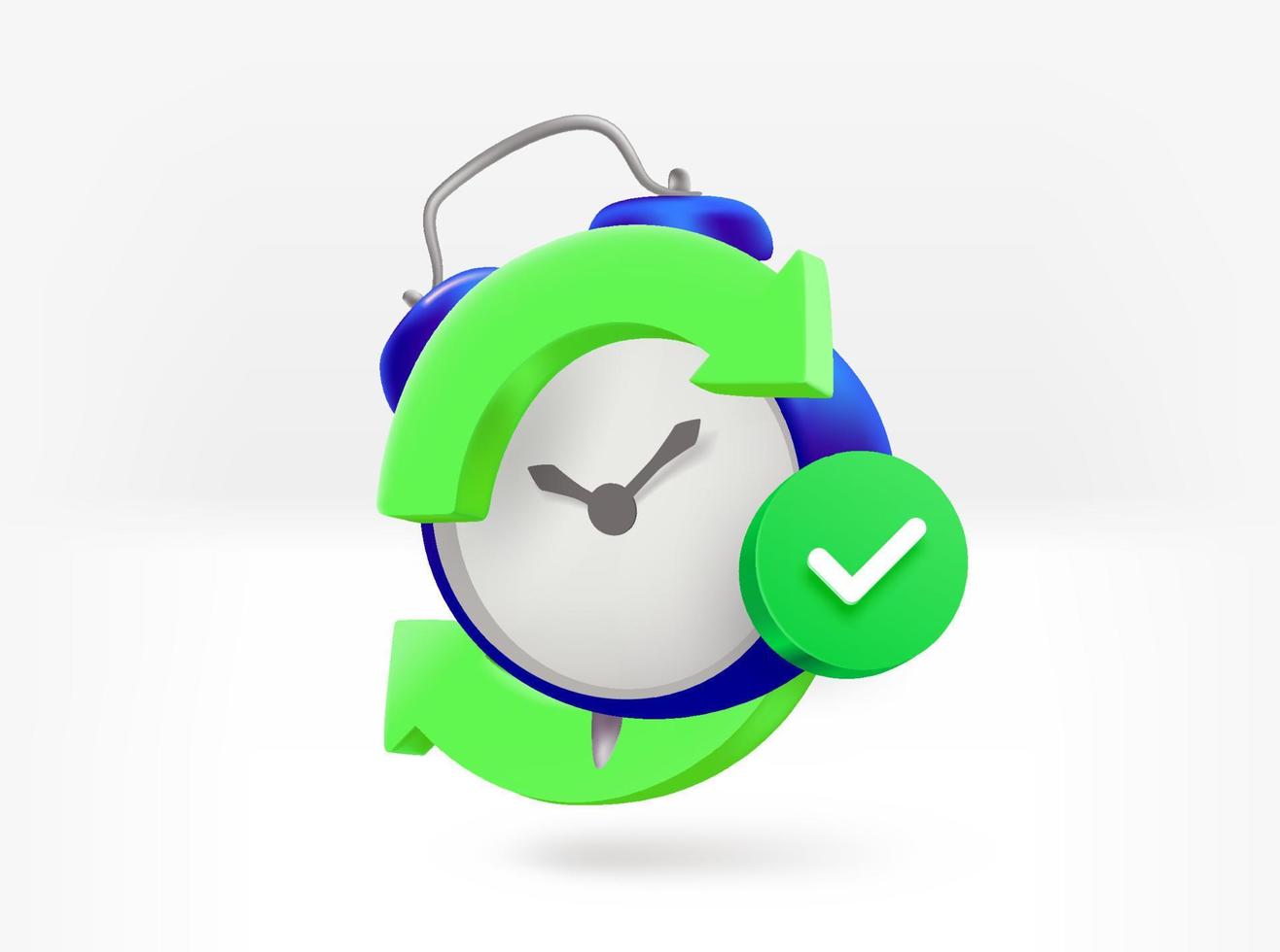 Alarm clock with arrows and checkmark. 3d vector isolated illustration