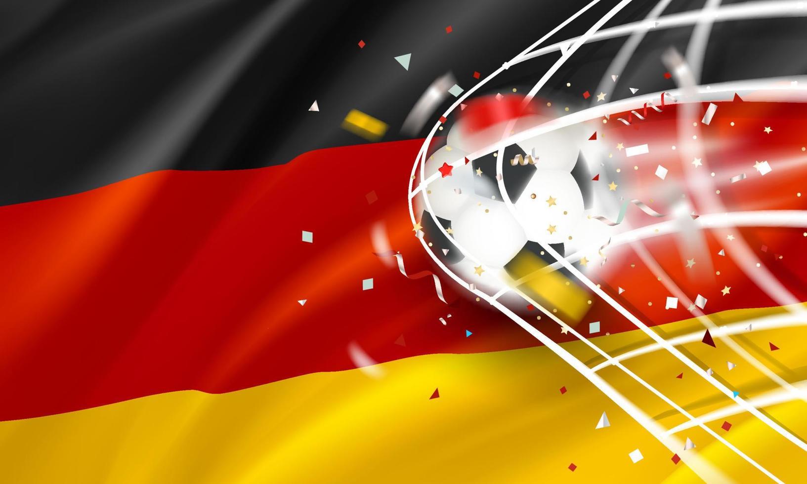 The ball in the soccer net. Goal vector concept with flag of Germany. 3d vector banner with blur effect