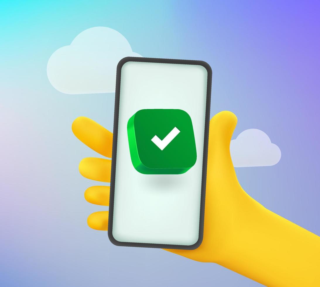 Man holding smartphone with green screen. Comic 3d style vector illustration
