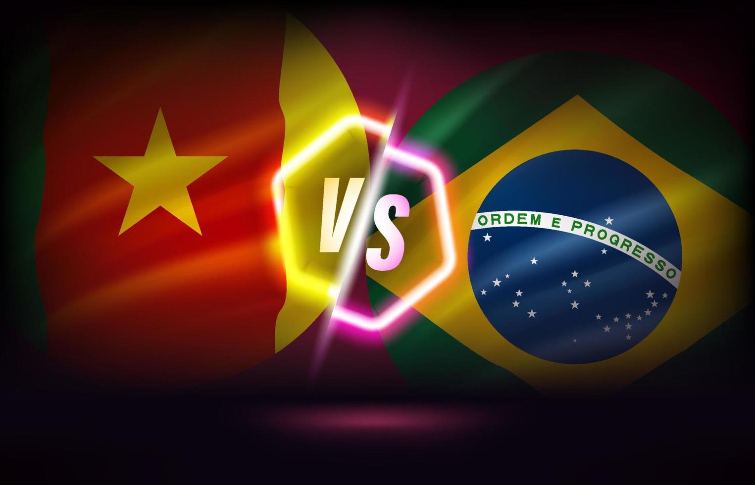 Cameroon versus Brazil game score table template. 3d vector illustration with neon effect