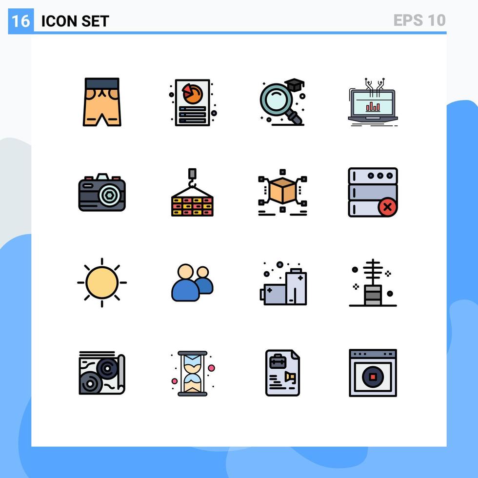 16 Thematic Vector Flat Color Filled Lines and Editable Symbols of photo platform education online analytical Editable Creative Vector Design Elements