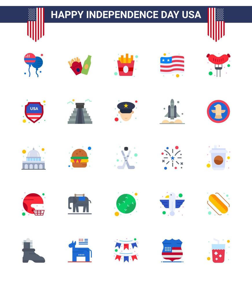 conjunto de 25 iconos del día de los ee.uu. símbolos americanos signos del día de la independencia para escudo salchicha comida frankfurter ee.uu. elementos de diseño vectorial editables del día de los ee.uu. vector