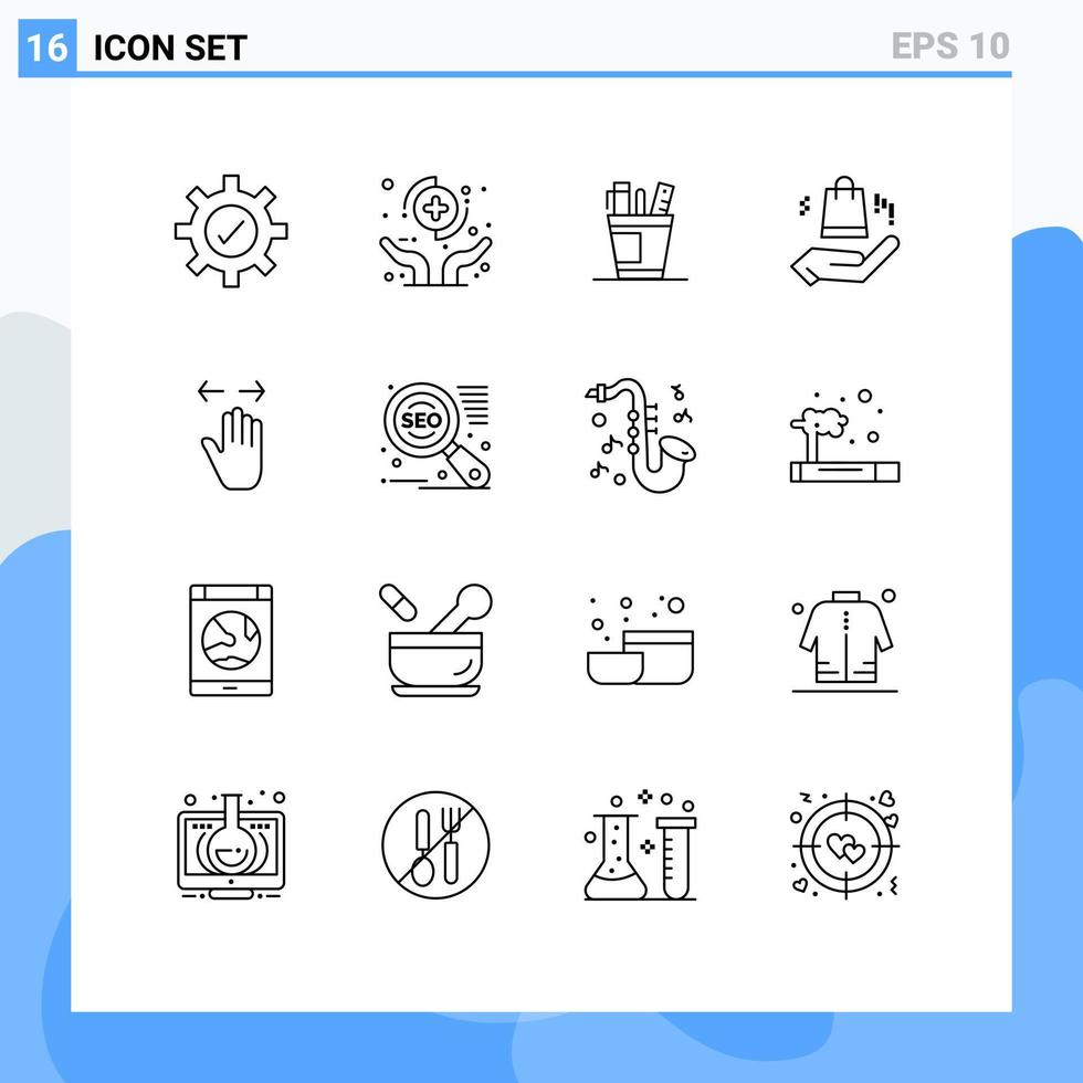 Universal Icon Symbols Group of 16 Modern Outlines of shopping bag ahnd pen tools supplies Editable Vector Design Elements