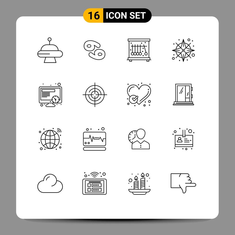 Pack of 16 Modern Outlines Signs and Symbols for Web Print Media such as define time pendulum schedule navigation Editable Vector Design Elements