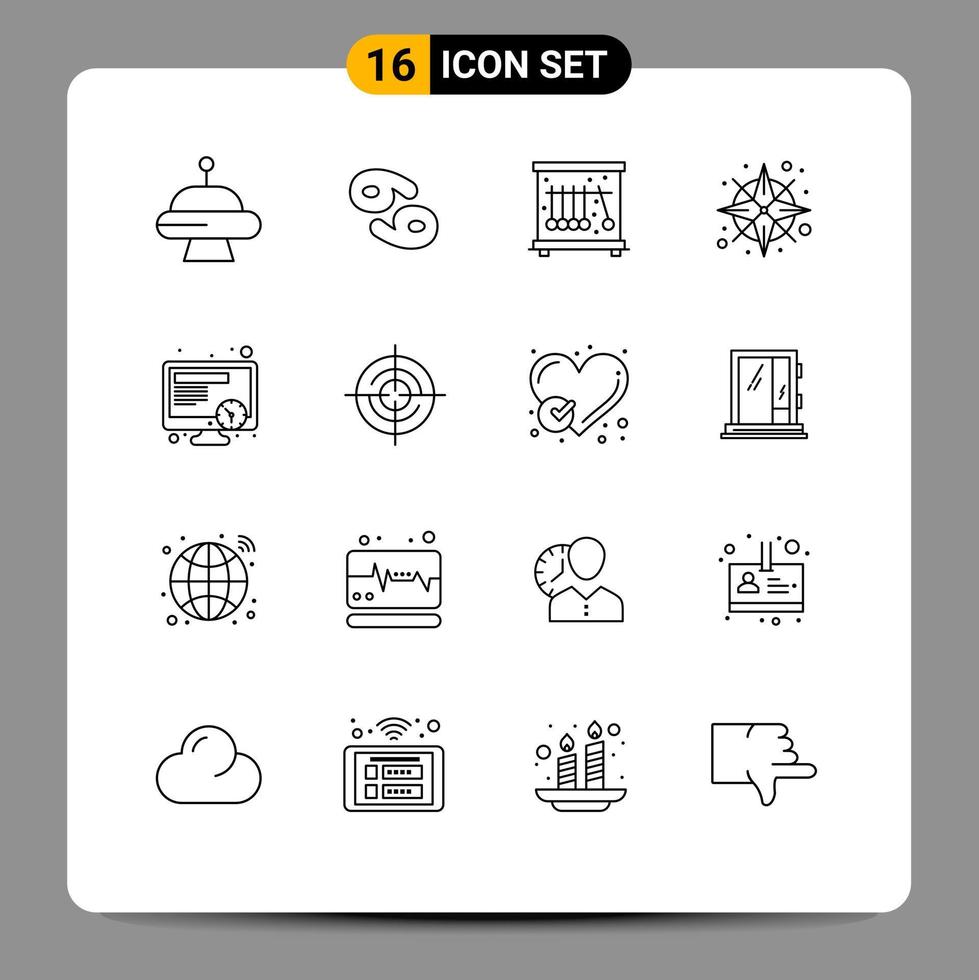 paquete de 16 signos y símbolos de contornos modernos para medios de impresión web, como definir elementos de diseño de vectores editables de navegación de programación de péndulo de tiempo