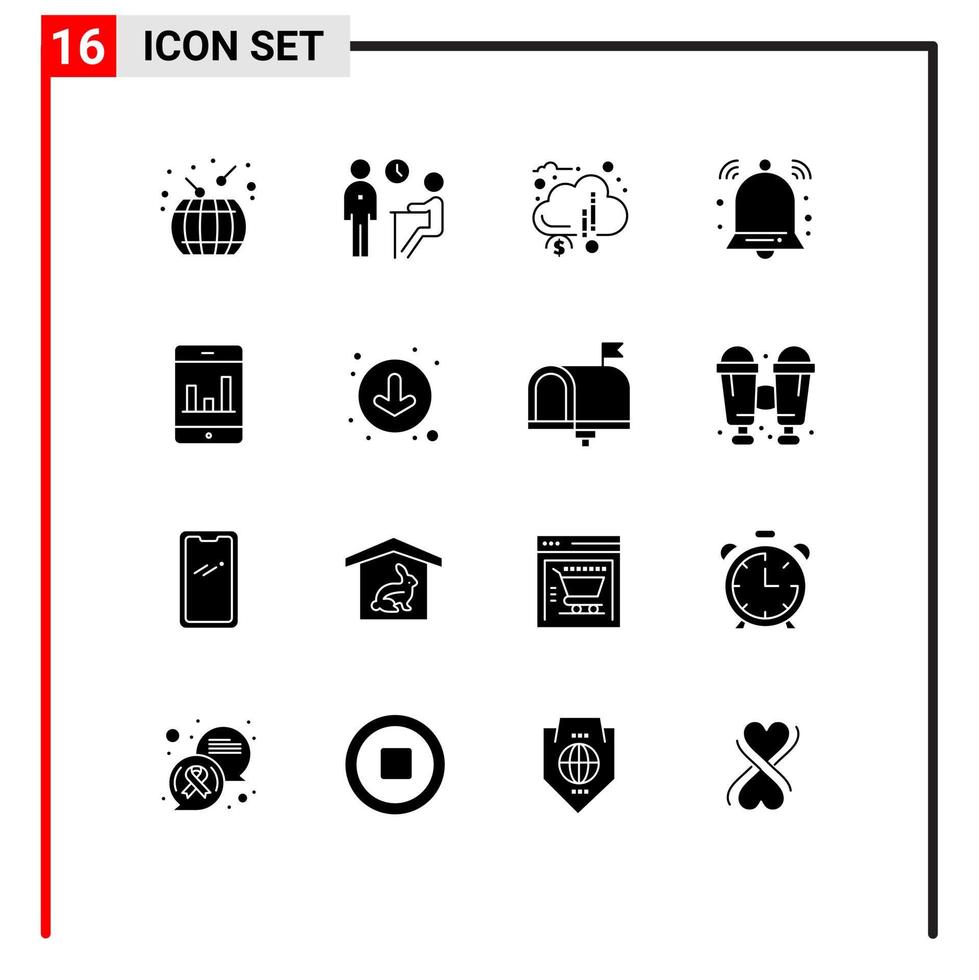 Mobile Interface Solid Glyph Set of 16 Pictograms of signal bell questionnaire alert financial Editable Vector Design Elements