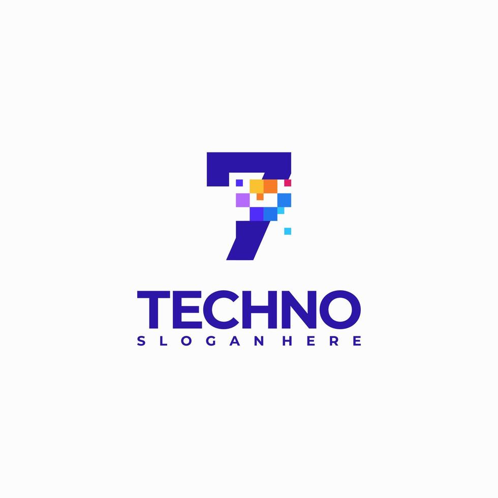 Plantilla de diseño de logotipo de número de 7 píxeles, concepto de símbolo de logotipo de tecnología de píxeles vector