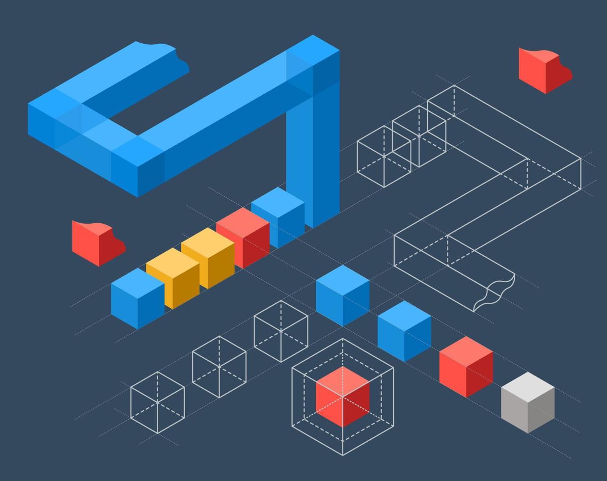 infografías abstractas con cubos de colores planos y estructuras cableadas vector