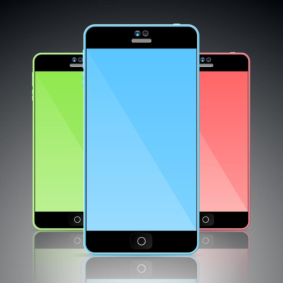 Set of colorful mobile smart phones. Blue, green, and red vector