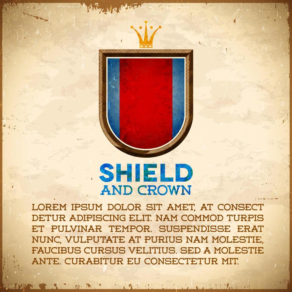 Aged card with vintage shield label with golden crown vector