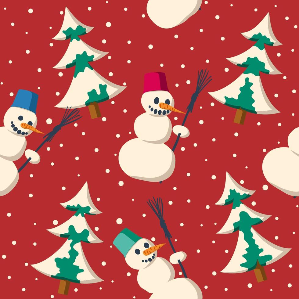 Seamless Christmas pattern with snowman and fir vector