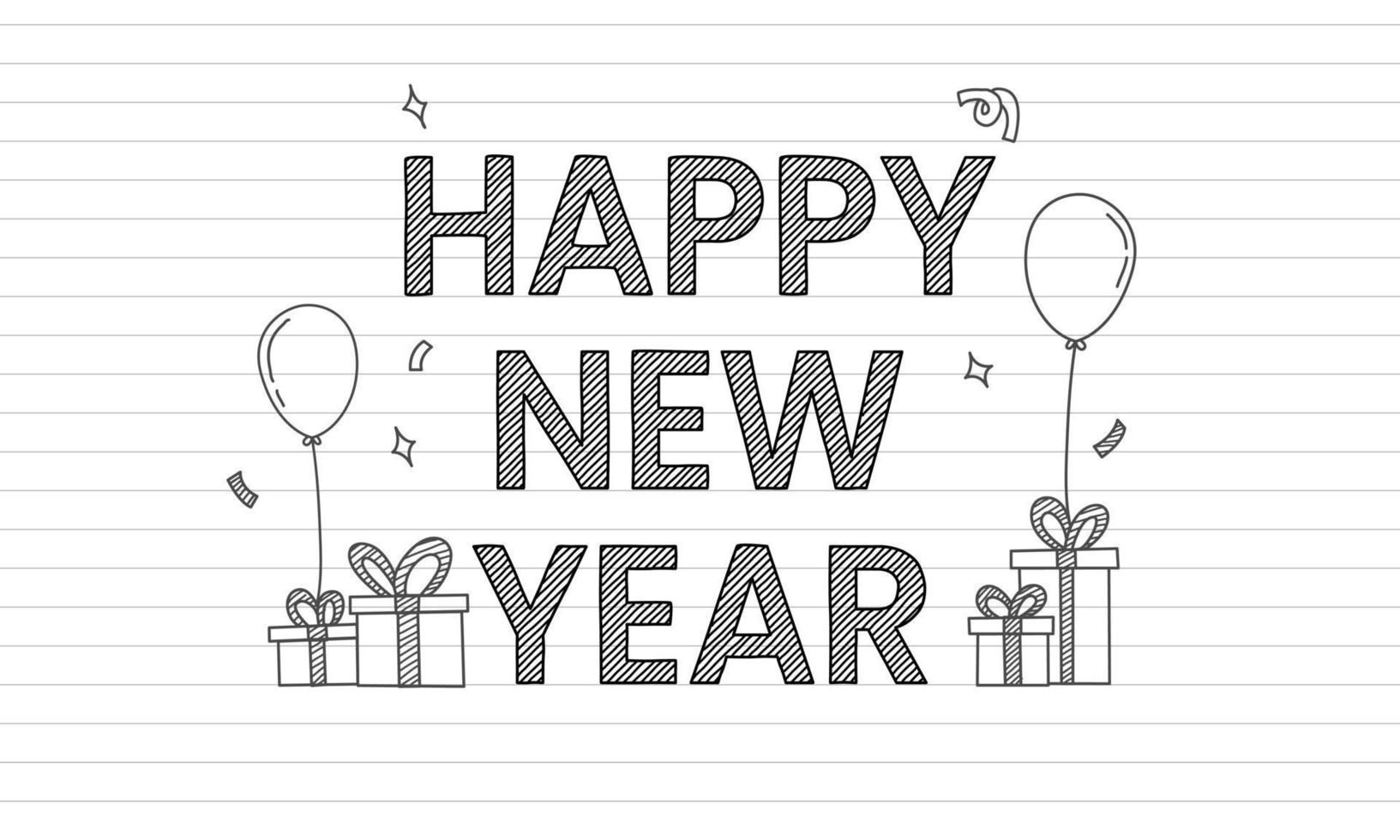 Happy new year writes with gift boxes and balloons on lined paper. vector