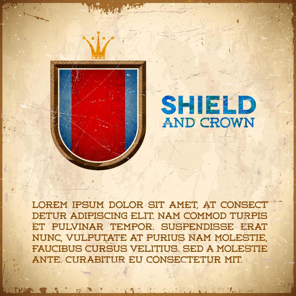 Aged card with vintage shield label with golden crown vector