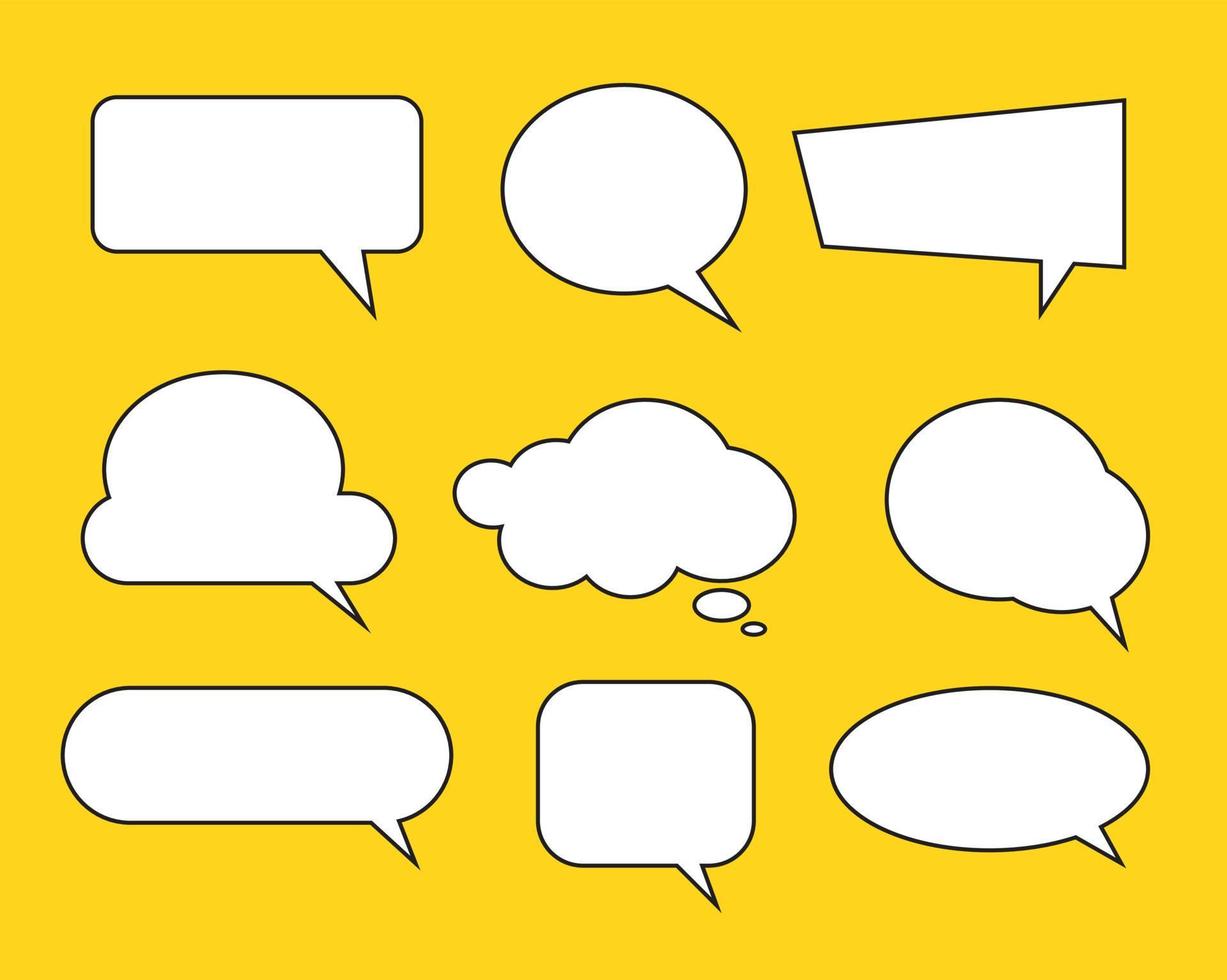 Set of speak bubble text, chatting box, message box outline cartoon vector illustration design. Balloon doodle style of thinking sign symbol.