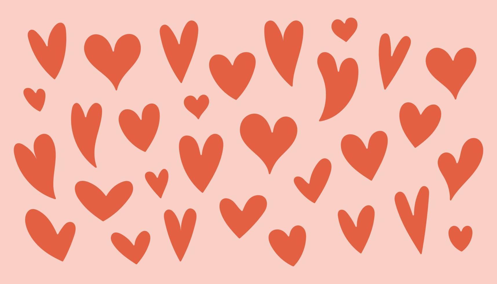 Big set of hand-drawn red hearts on a pink background. Simple hearts. Doodle style. Vector illustration.