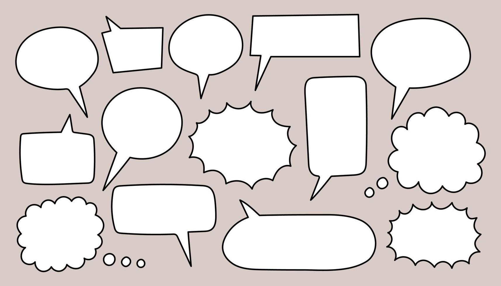 Set of speak bubble text, chatting box, message box outline cartoon vector design. Balloon doodle style of thinking sign