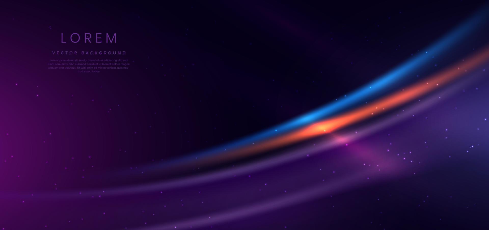 Abstract futuritic neon light curved orange and blue on dark purple background. vector