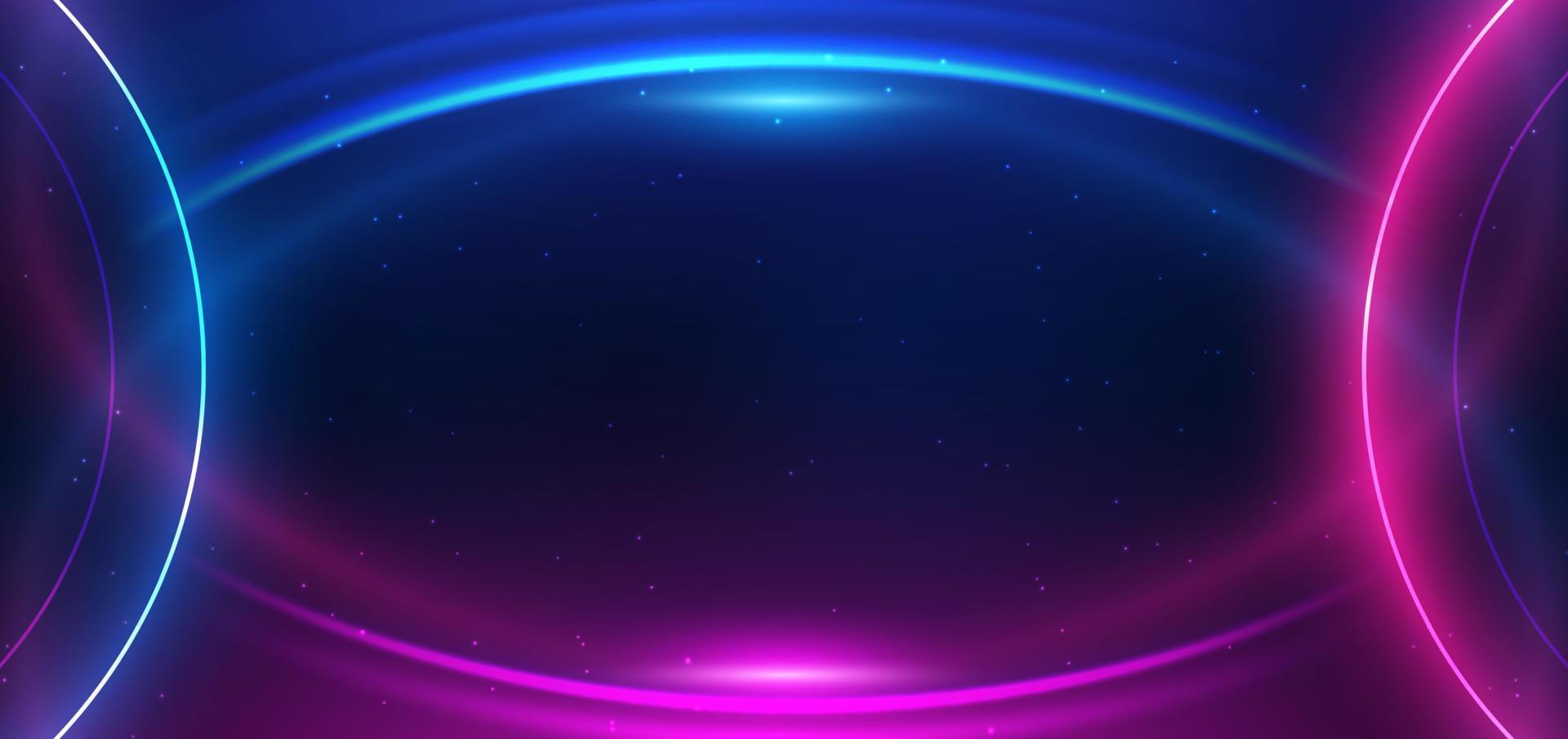 Abstract technology futuristic neon circle glowing blue and pink  light lines with speed motion blur effect on dark blue background. vector