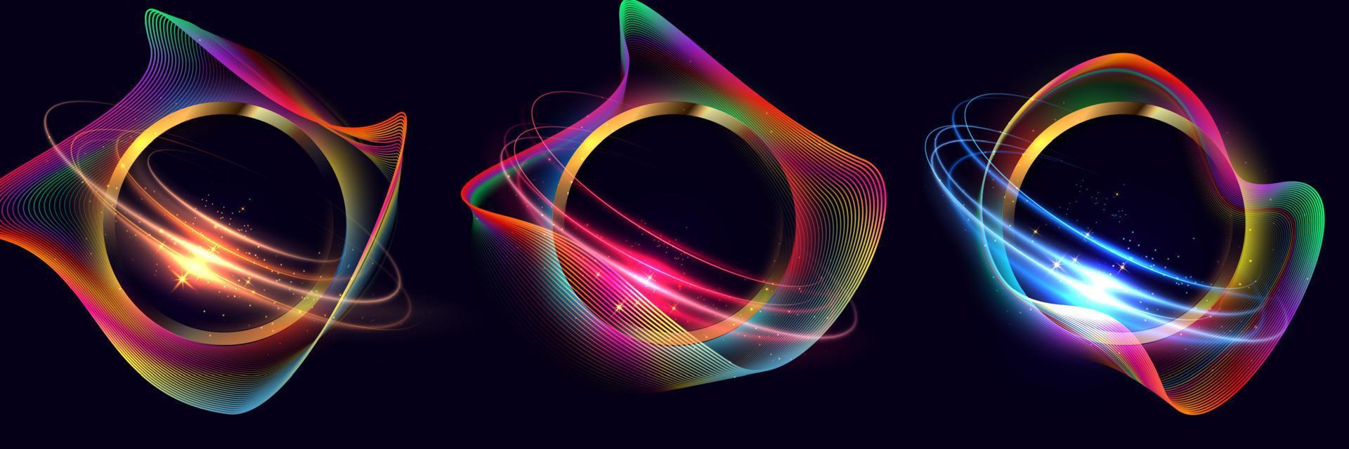 Set of circle frame with neon glowing multicolor wavy dynamic lines round illuminate and whirl lighting effect on black background. vector