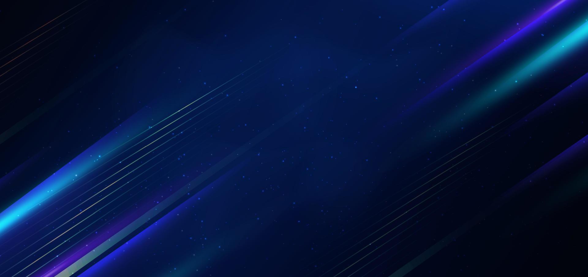 Abstract technology futuristic glowing blue night light lines with speed motion blur effect on dark blue background. vector