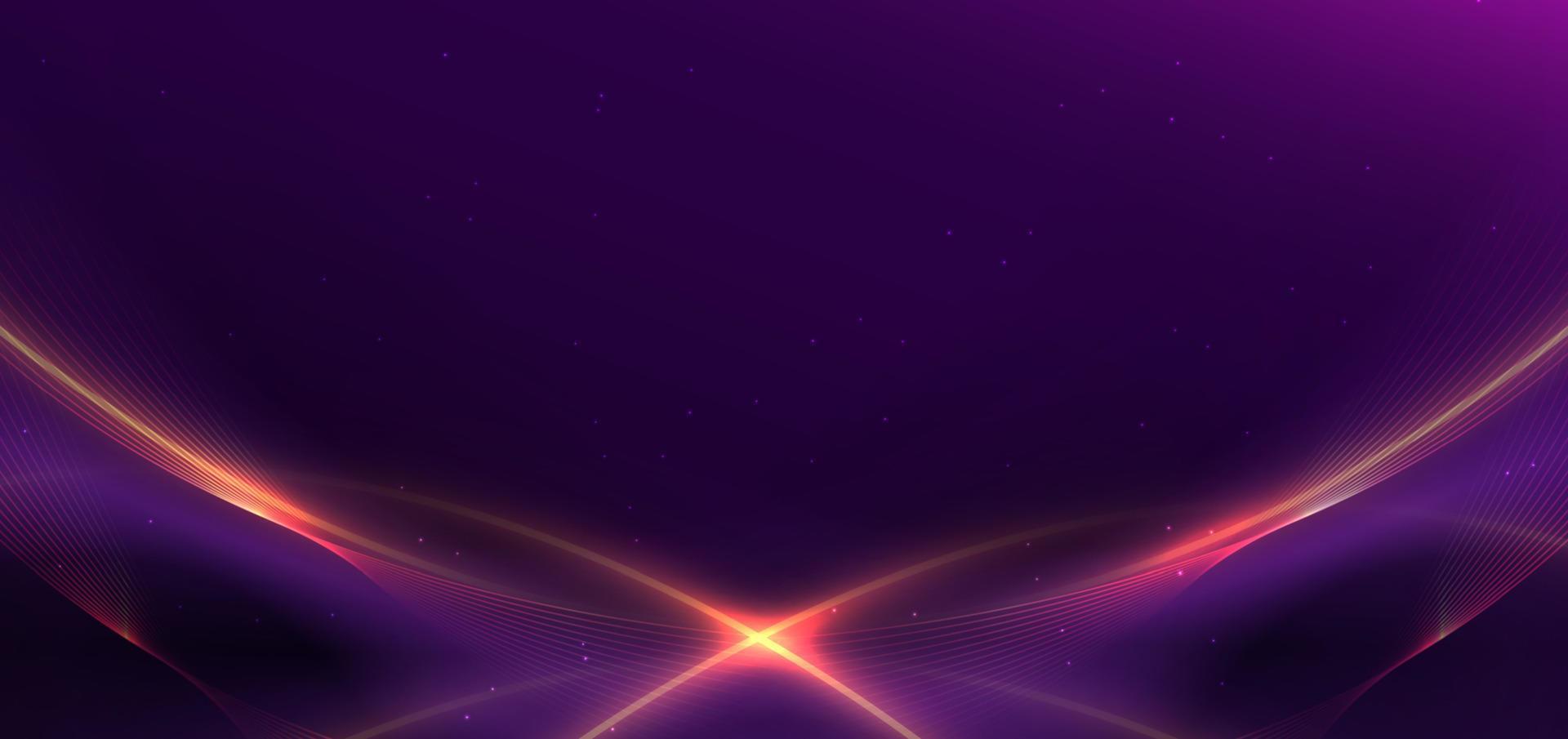 fondo morado oscuro de lujo con línea dorada curva y brillo de efecto de iluminación. vector