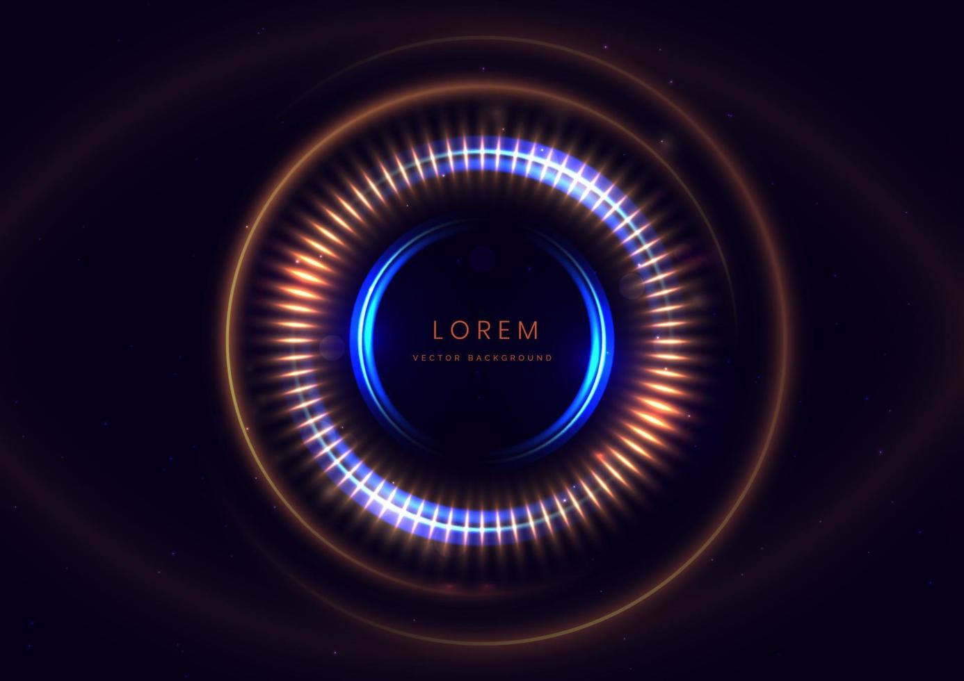 Abstract golden light effect and blue circles glowing with lighting effect sparkle on black background. vector