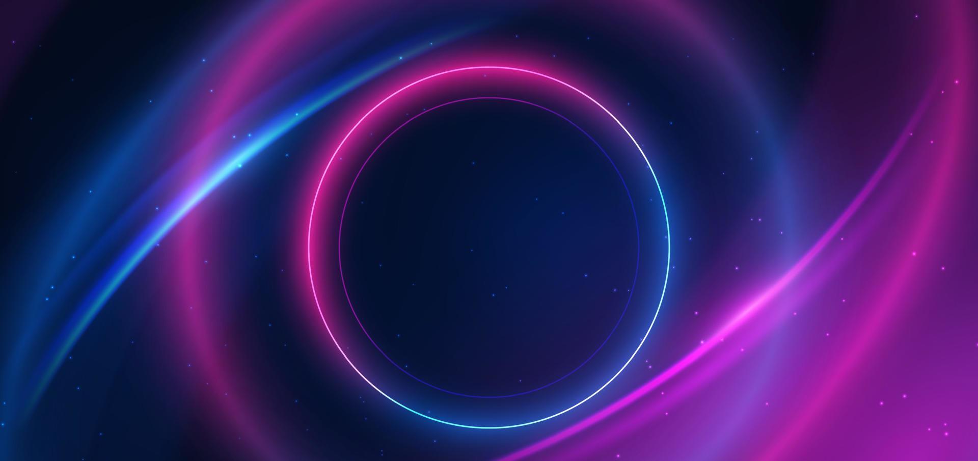 Abstract technology futuristic neon circle glowing blue and pink  light lines with speed motion blur effect on dark blue background. vector