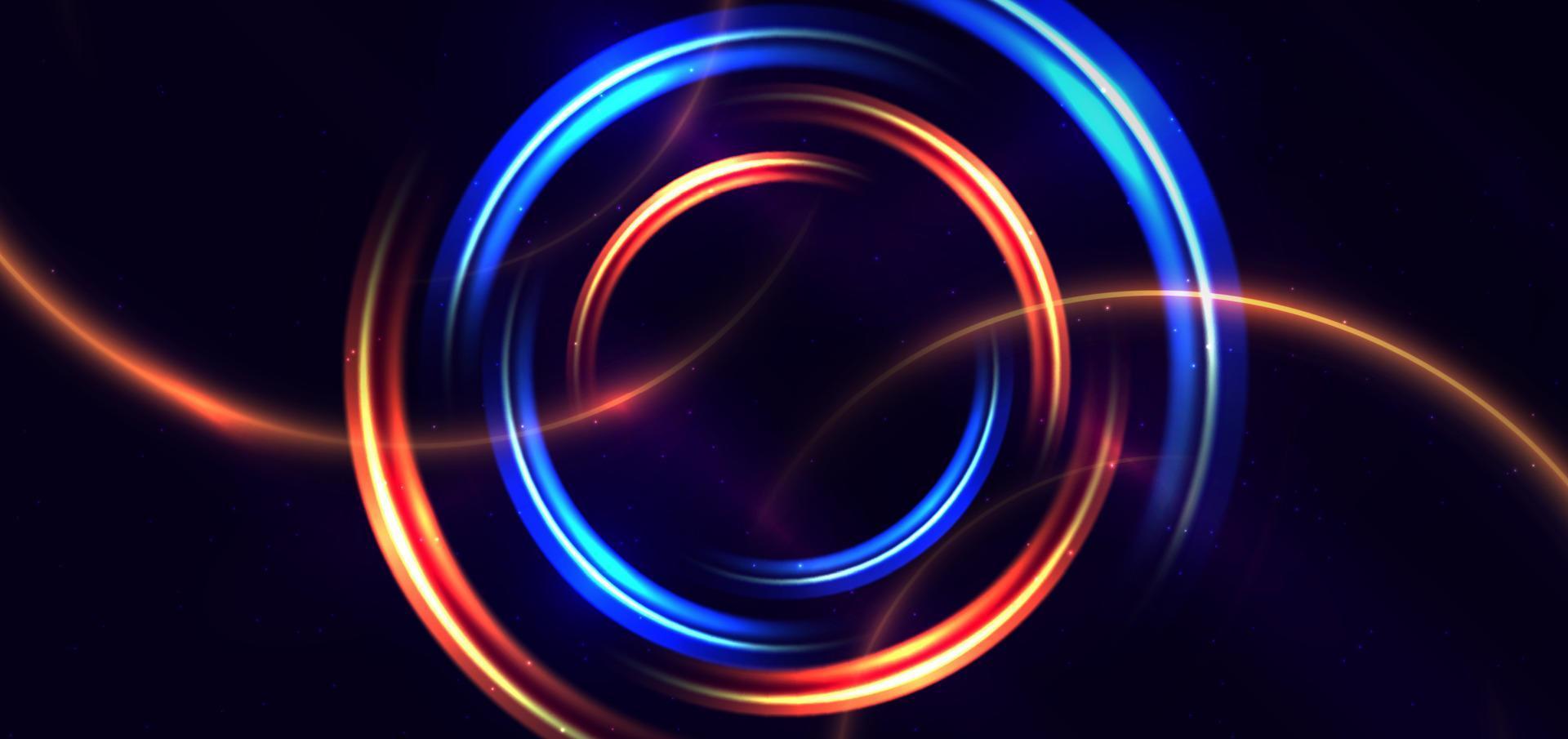 Abstract technology futuristic neon circle glowing blue and orange light lines with speed motion blur effect on dark blue background. vector