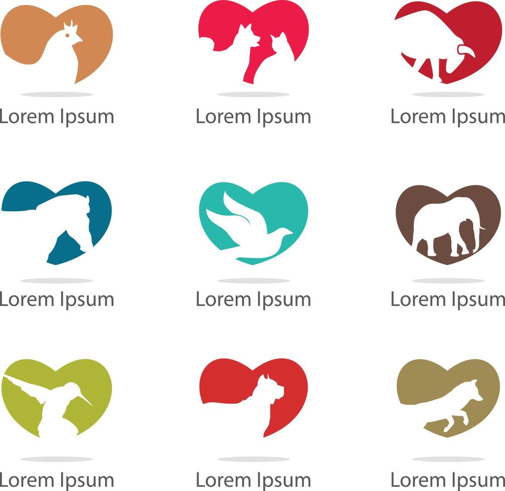 Animal logos collection, animals in heart, horse, bull, bird, elephant, dog, cat heart vector illustration,