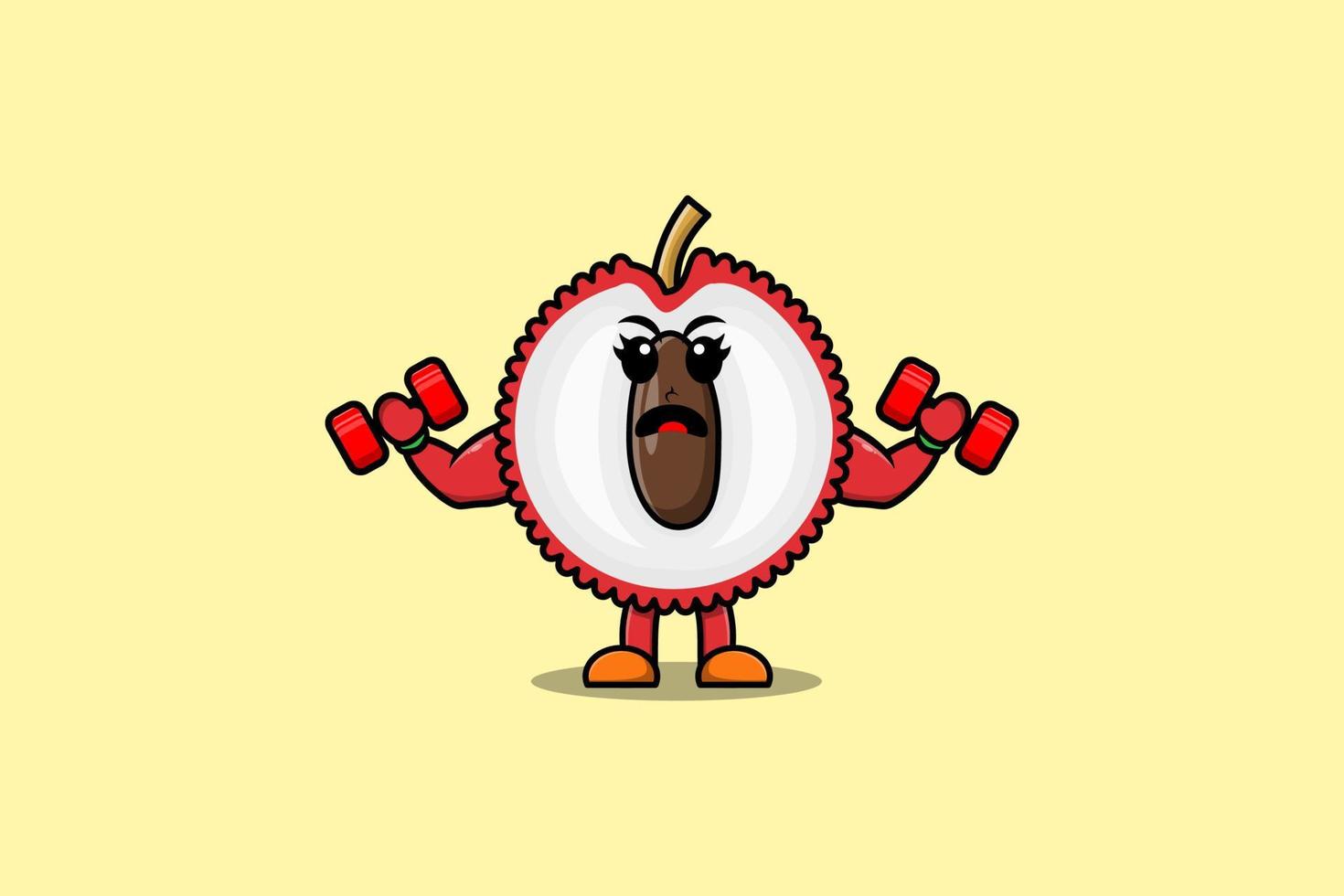 Cute cartoon Lychee character fitness with barbell vector