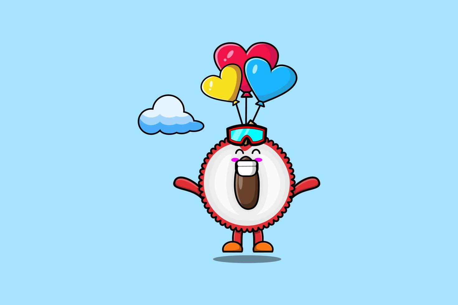 Linda mascota de lichi de dibujos animados saltando en paracaídas con globo vector
