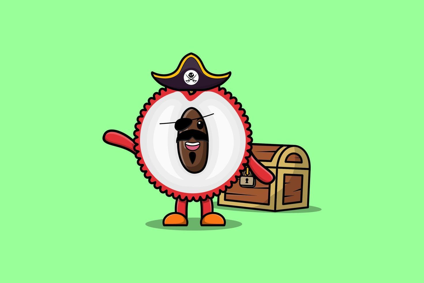 Cute cartoon Lychee pirate with treasure box vector