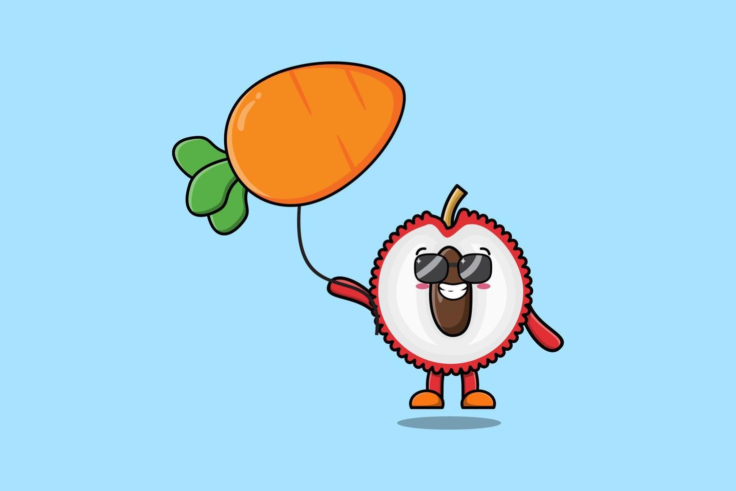 Cute cartoon Lychee floating with carrot balloon vector