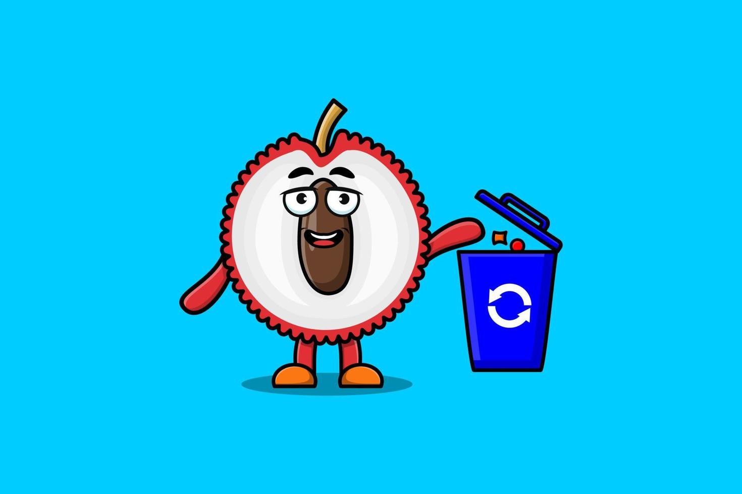 Cute cartoon Lychee throwing trash in the trash vector