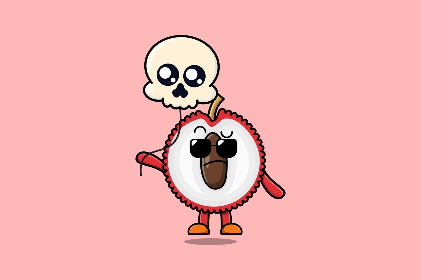 Cute cartoon Lychee floating with skull balloon vector