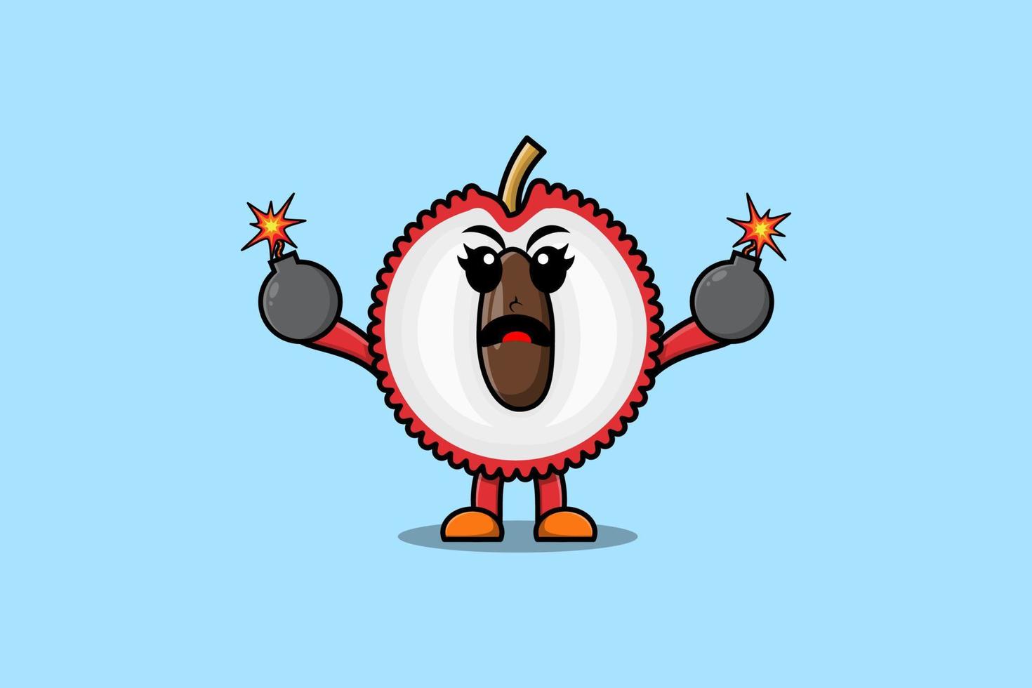 Cute cartoon Lychee holding bomb with scared vector
