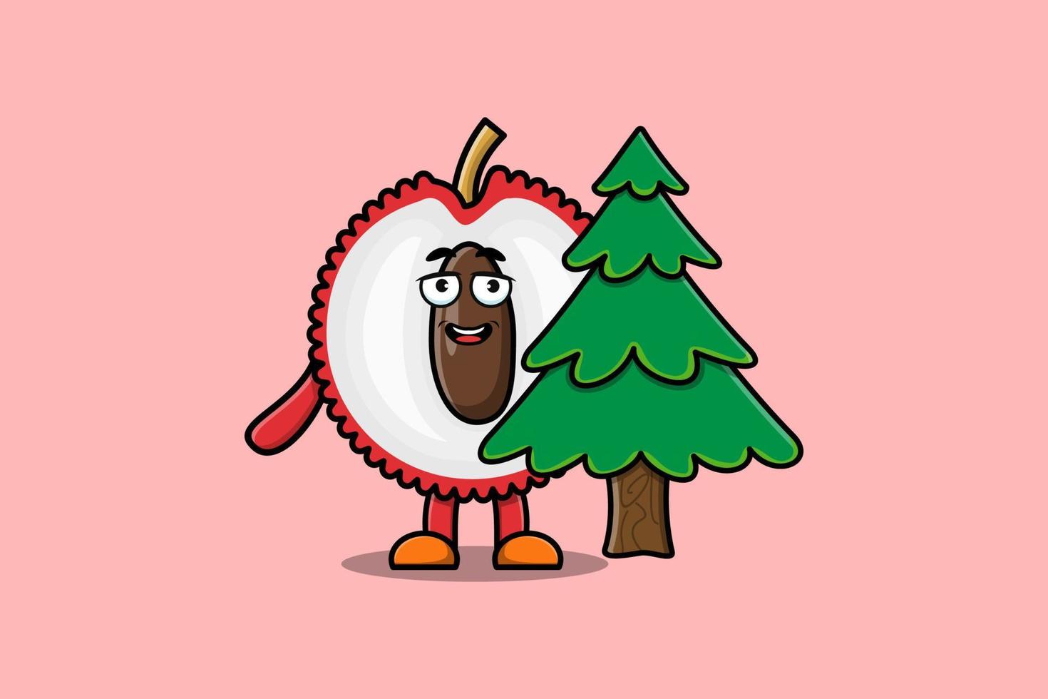 lindo personaje de lichi de dibujos animados árbol escondido vector