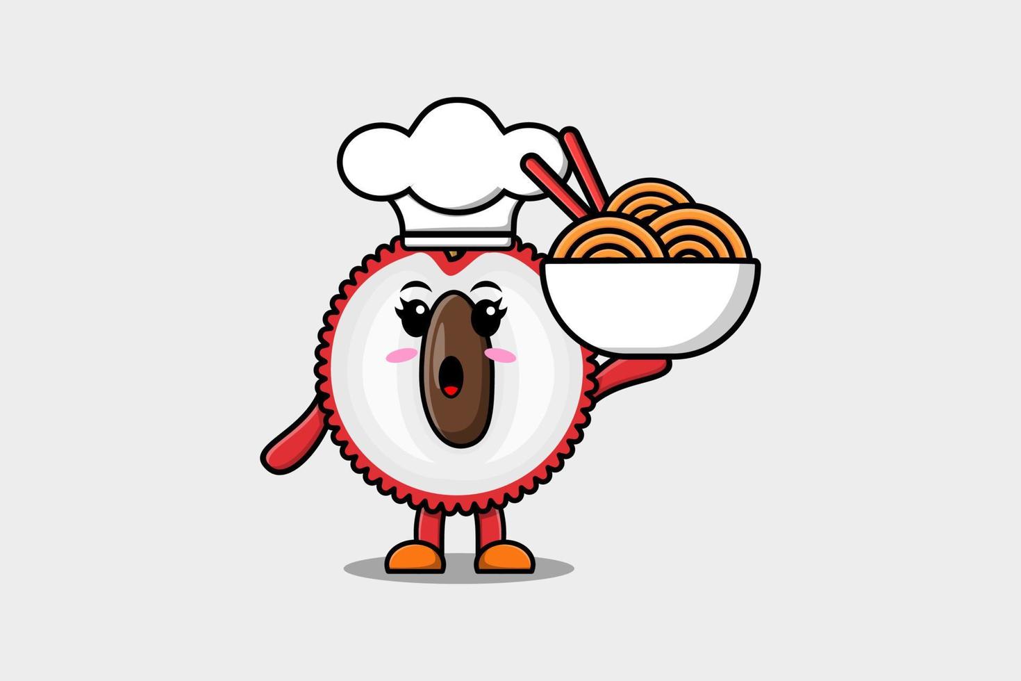 Cute cartoon Lychee chef holding noodles in bowl vector