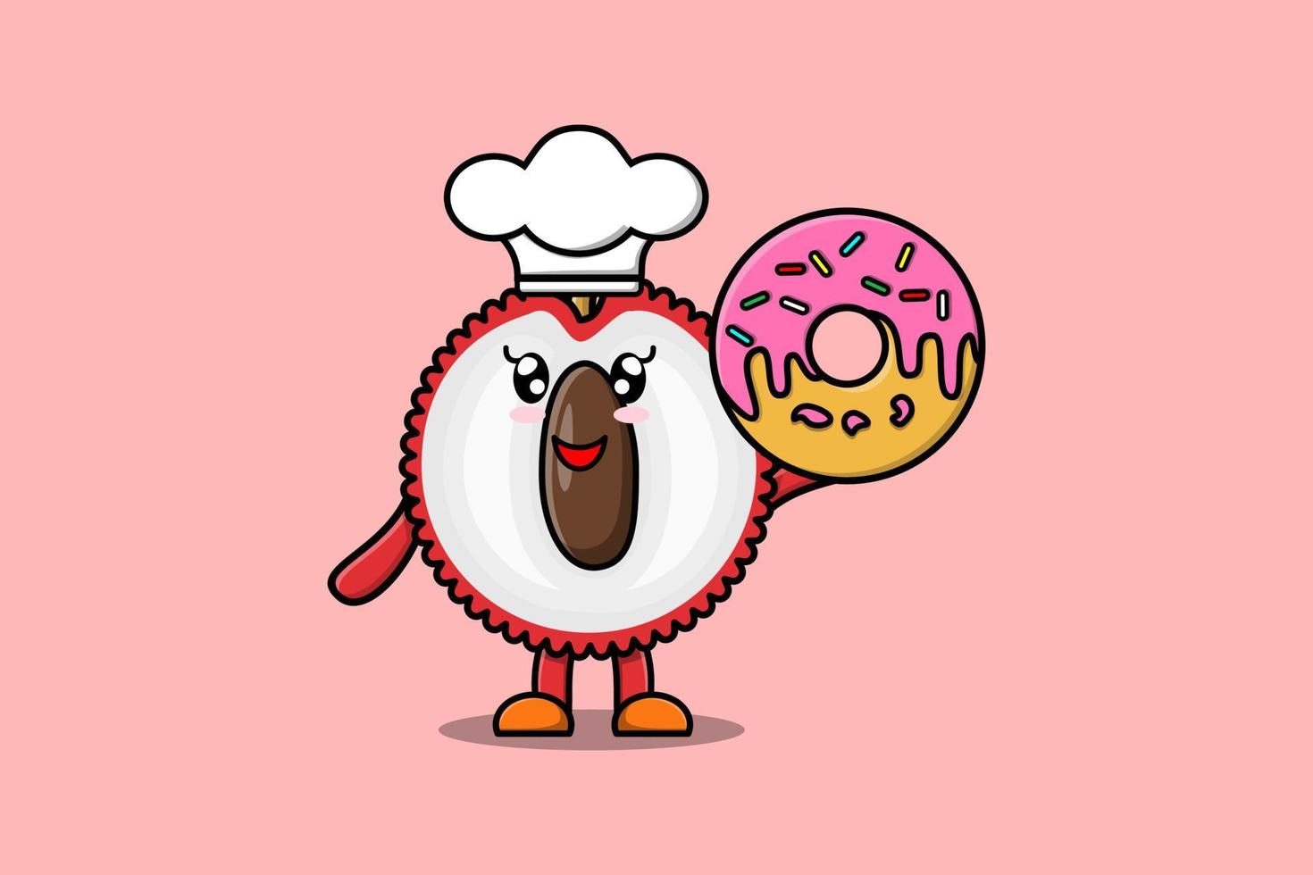 Cute cartoon Lychee chef character donuts vector