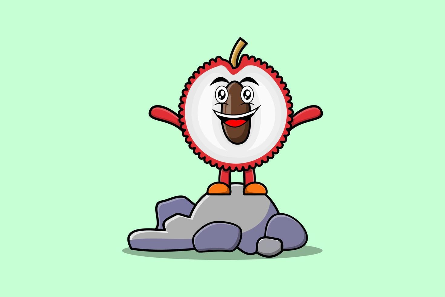 lindo personaje de dibujos animados de lichi de pie en piedra vector