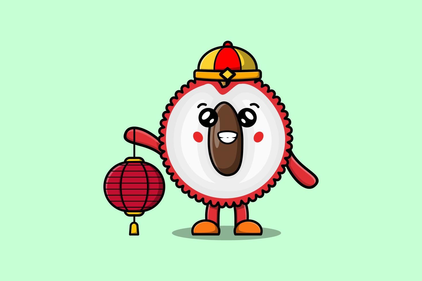 Cute cartoon Lychee chinese character hold lantern vector